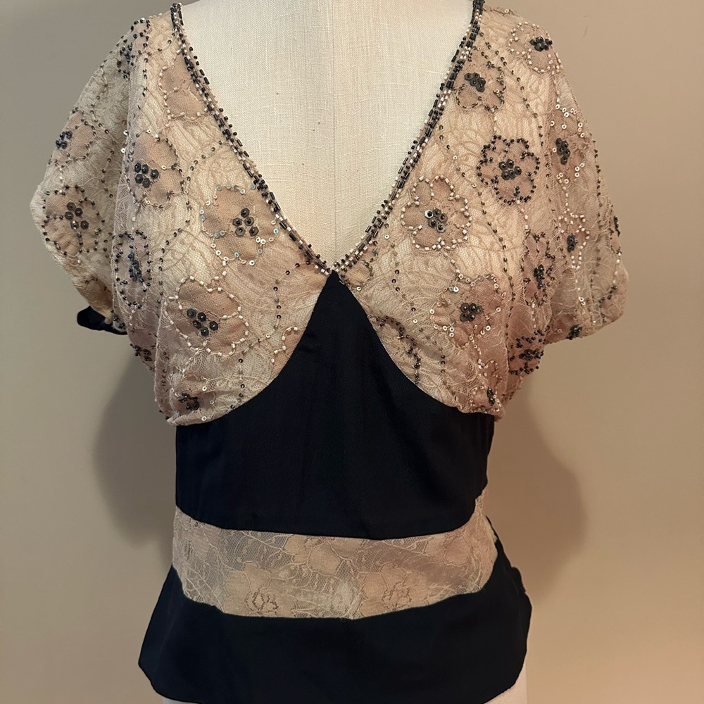 Elegant Beaded Black and Cream Lace Women's Top